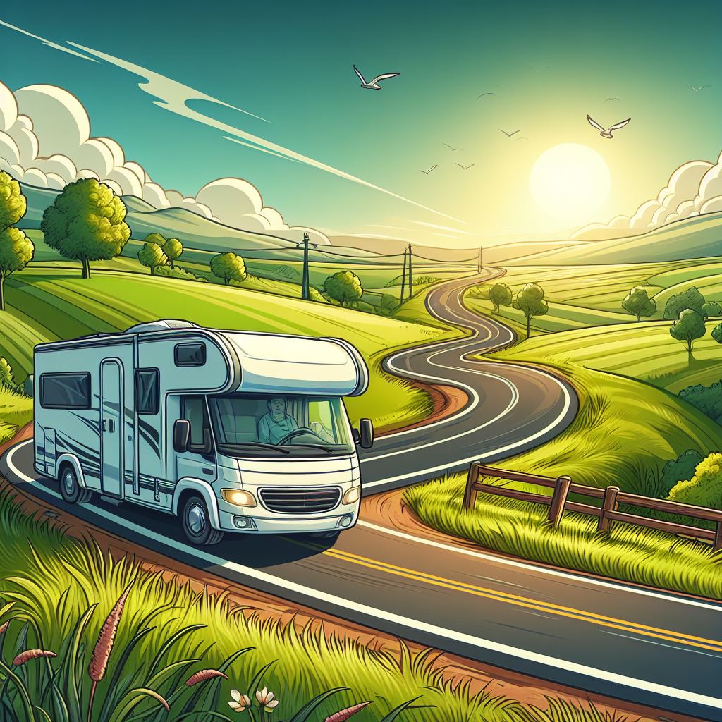 a motorhome on a riverside scene